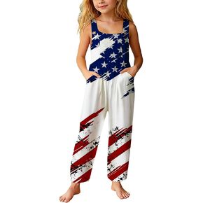 American Flag Overalls Casual 4th Of July Outfits For Girls 250th Anniversary Patriotic Romper With Pocket 5-14 Years in Kuwait