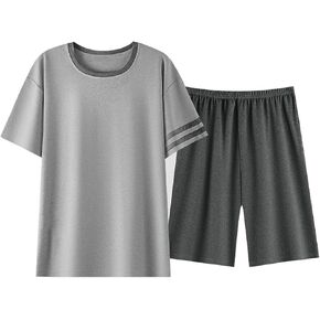 Mens Pajama Set Summer Sleepwear Short Sleeve Loungewear Lightweight Soft Nightwear Shirts Plaid Shorts with Pockets in Saudi Arabia