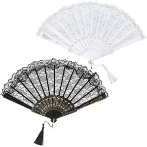Vintage Lace Hand Fan for Wedding - 1920s Art Deco Floral Fan with Gold Glitter & Tassels, Great Gatsby Accessories for Bridal Shower, Tea Party, Roaring 20s Costume Prop (White & Black) in Saudi Arabia