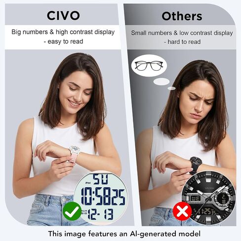 CIVO Digital Watches for Women Men: Sports Waterproof Ultra-Thin Big Face Watch Suitable for Larger Wrists - Soft Silicone Wristwatch with Stopwatch Alarm for Outdoor Enthusiast - Running & Hiking in Kuwait