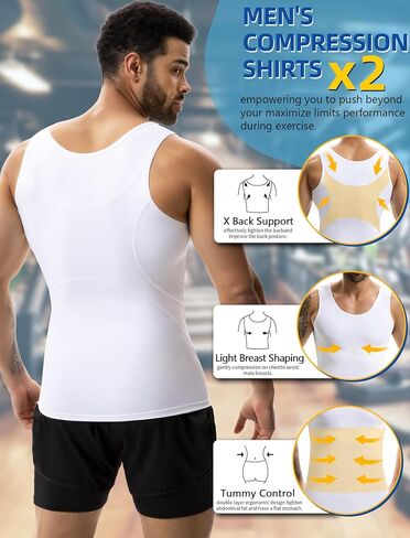 MISS MOLY 2 Pack Compression Shirt Mens Shapewear Tummy Control Posture Corrector Undershirt Tank Sleeveless Top Shaper in Kuwait