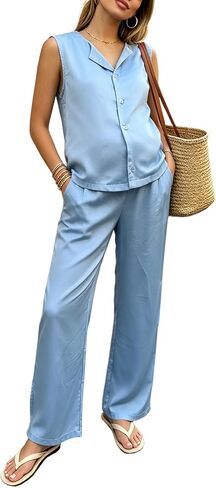 Joyfunear Women's Maternity Two Piece Lounge Set Tank Top and Pants Summer Outfit Nursing With Buttons Pockets Drawstring in Saudi Arabia