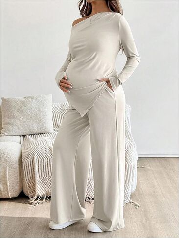 ملابس حمل نسائية من MakeMeChic مكونة من قطعتين ملابس ربيعية غير متماثلة بلوزات وسراويل متطابقة مجموعات مشمش X-Small in Kuwait