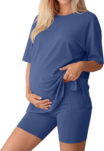 Huukeay مجموعة النساء الأمومة 2 قطعة وتتسابق قمصان قصيرة الأكمام وسروال السائق الحمل الصيف صالة بيجامة كبيرة الحجم in Kuwait
