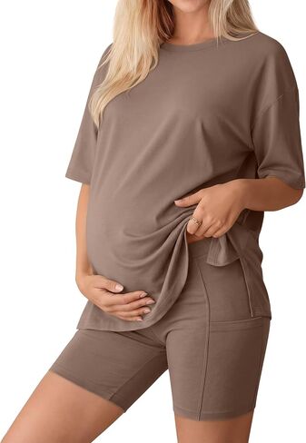 Huukeay مجموعة النساء الأمومة 2 قطعة وتتسابق قمصان قصيرة الأكمام وسروال السائق الحمل الصيف صالة بيجامة كبيرة الحجم in Kuwait