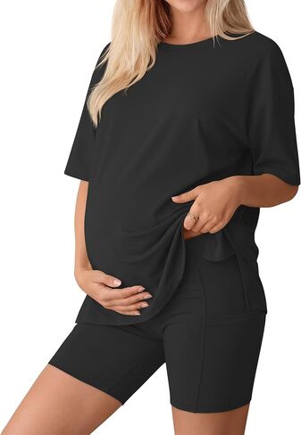 Huukeay مجموعة النساء الأمومة 2 قطعة وتتسابق قمصان قصيرة الأكمام وسروال السائق الحمل الصيف صالة بيجامة كبيرة الحجم in Kuwait