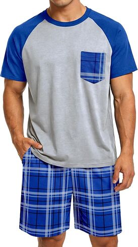 Mens Pajamas Set Summer Pjs Short Sleeve Sleep Set Soft Sleepwear 2 Piece Plaid Loungewear with Pockets M-2XL in Saudi Arabia