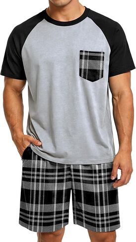 Mens Pajamas Set Summer Pjs Short Sleeve Sleep Set Soft Sleepwear 2 Piece Plaid Loungewear with Pockets M-2XL in Kuwait