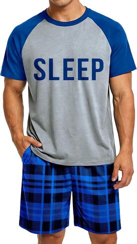 Mens Pajamas Set Summer Pjs Short Sleeve Sleep Set Soft Sleepwear 2 Piece Plaid Loungewear with Pockets M-2XL in Kuwait