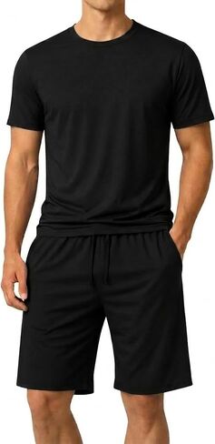 #followme Men's Stretch Jersey 2-Piece Pajama Short Set, Crew Neck Tee and Two Pocket Shorts in Kuwait