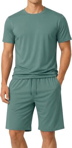 #followme Men's Stretch Jersey 2-Piece Pajama Short Set, Crew Neck Tee and Two Pocket Shorts in Kuwait