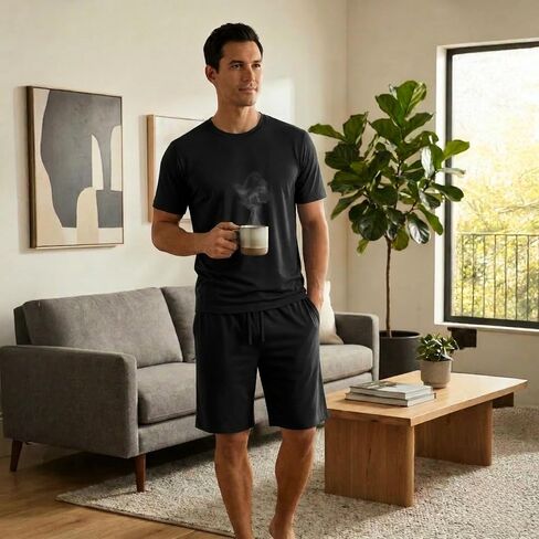 #followme Men's Stretch Jersey 2-Piece Pajama Short Set, Crew Neck Tee and Two Pocket Shorts in Kuwait
