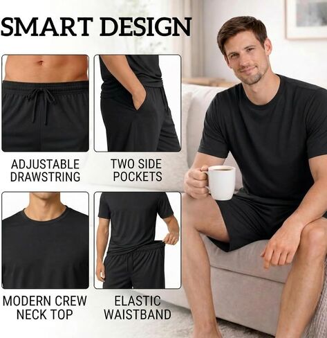 #followme Men's Stretch Jersey 2-Piece Pajama Short Set, Crew Neck Tee and Two Pocket Shorts in Kuwait