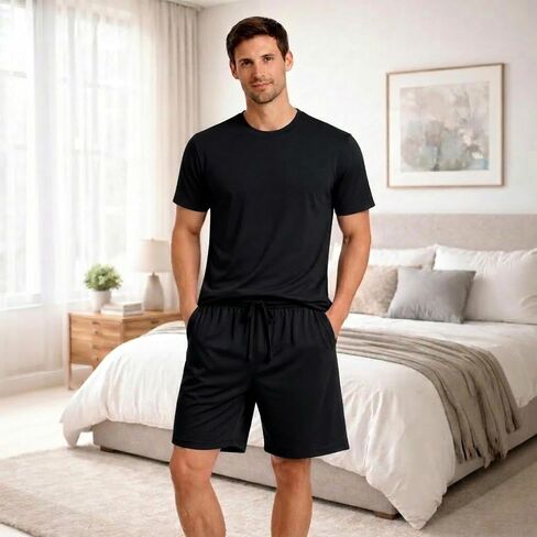 #followme Men's Stretch Jersey 2-Piece Pajama Short Set, Crew Neck Tee and Two Pocket Shorts in Kuwait
