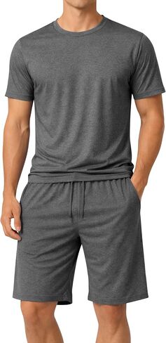 #followme Men's Stretch Jersey 2-Piece Pajama Short Set, Crew Neck Tee and Two Pocket Shorts in Kuwait