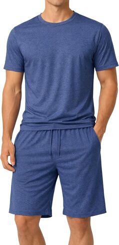 #followme Men's Stretch Jersey 2-Piece Pajama Short Set, Crew Neck Tee and Two Pocket Shorts in Kuwait