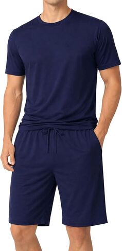 #followme Men's Stretch Jersey 2-Piece Pajama Short Set, Crew Neck Tee and Two Pocket Shorts in Kuwait