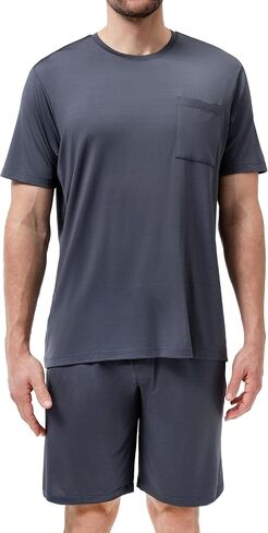 DAVID ARCHY Mens Pajamas Set Cooling Breathable Silky-Smooth Bamboo Rayon Soft Lightweight Summer Short Sleeve Lounge in Kuwait