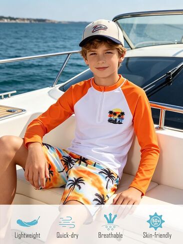 Boys Swim Sets Size 7-12 Swim Trunks with Rash Guard for Boys Quick Dry Kids Bathing Suits Boys Swimwear in Saudi Arabia