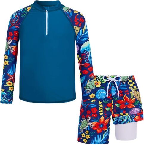 Boys Swim Sets Size 7-12 Swim Trunks with Rash Guard for Boys Quick Dry Kids Bathing Suits Boys Swimwear in Saudi Arabia