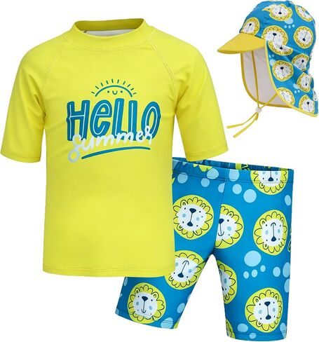 LUCKYLI Boys Swim Set UPF 50+ Shirt, Sun Hat & Trunks, 4-Way Stretch Quick Dry, Sublimation Print, for Beach & Water Park in Kuwait