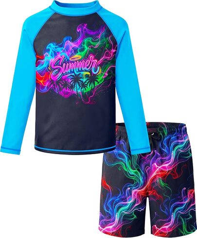 Boys Rash Guard Swim Set with Swim Trunks Kids Two Piece Swimsuits Long Sleeve Bathing Suit Swimwear Size 7-16 in Saudi Arabia