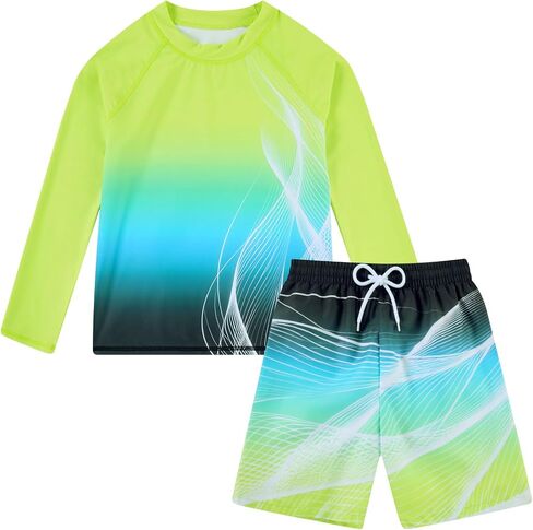 UNIFACO Boys UPF 50+ Rash Guard Swim Set Long Sleeve Quick Dry Bathing Suit Swim Shirt Trunks for Beach Pool Surfing 7-14T in Kuwait