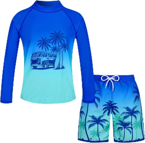 UNIFACO Boys UPF 50+ Rash Guard مجموعة السباحة طويلة الأكمام سريعة الجفاف ثوب السباحة قميص السباحة جذوع للشاطئ وحمام السباحة وركوب الأمواج 7-14T in Kuwait