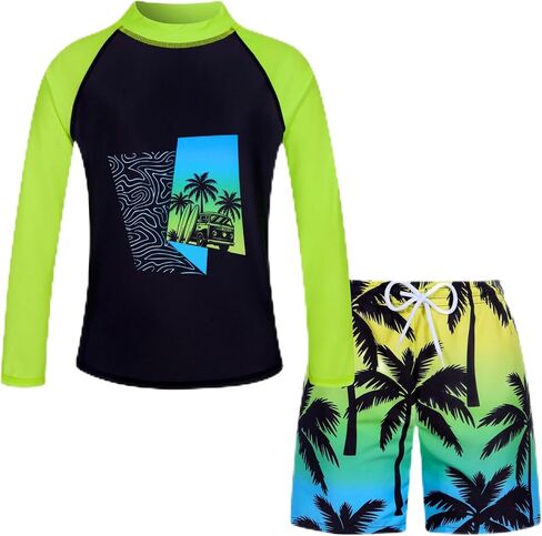 UNIFACO Boys UPF 50+ Rash Guard مجموعة السباحة طويلة الأكمام سريعة الجفاف ثوب السباحة قميص السباحة جذوع للشاطئ وحمام السباحة وركوب الأمواج 7-14T in Kuwait