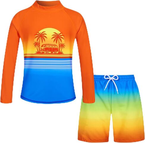 UNIFACO Boys UPF 50+ Rash Guard مجموعة السباحة طويلة الأكمام سريعة الجفاف ثوب السباحة قميص السباحة جذوع للشاطئ وحمام السباحة وركوب الأمواج 7-14T in Kuwait
