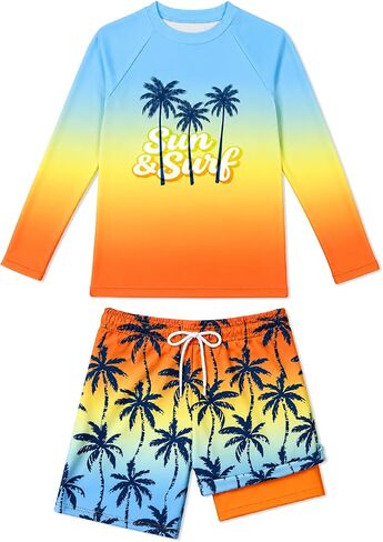 Boys Swim Set 2 Piece Long Sleeve Rash Guard Shirt with Compression Liner Swim Trunks UPF 50+ Swimsuit 7-16Y in Saudi Arabia