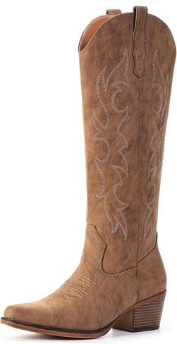 IUV Knee High Cowboy Boots for Women-Wide Calf Embroidered Cowgirl Boots, Pointed Toe Chunky Heel Slip On Retro Western Tall Plus Size Boots for Party & Concert in Saudi Arabia