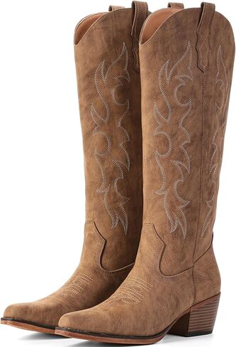 IUV Knee High Cowboy Boots for Women-Wide Calf Embroidered Cowgirl Boots, Pointed Toe Chunky Heel Slip On Retro Western Tall Plus Size Boots for Party & Concert in Saudi Arabia
