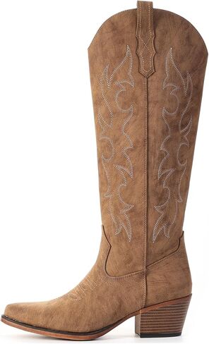 IUV Knee High Cowboy Boots for Women-Wide Calf Embroidered Cowgirl Boots, Pointed Toe Chunky Heel Slip On Retro Western Tall Plus Size Boots for Party & Concert in Saudi Arabia
