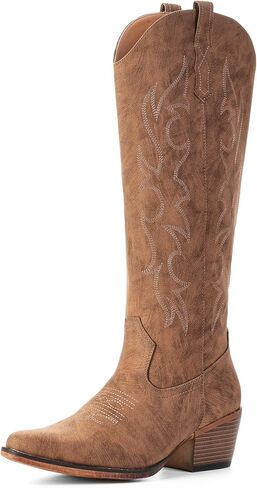 IUV Knee High Cowboy Boots for Women-Wide Calf Embroidered Cowgirl Boots, Pointed Toe Chunky Heel Slip On Retro Western Tall Plus Size Boots for Party & Concert in Saudi Arabia