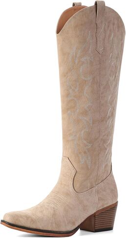 IUV Knee High Cowboy Boots for Women-Wide Calf Embroidered Cowgirl Boots, Pointed Toe Chunky Heel Slip On Retro Western Tall Plus Size Boots for Party & Concert in Saudi Arabia