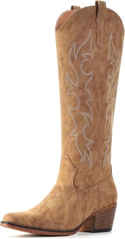 IUV Knee High Cowboy Boots for Women-Wide Calf Embroidered Cowgirl Boots, Pointed Toe Chunky Heel Slip On Retro Western Tall Plus Size Boots for Party & Concert in Saudi Arabia
