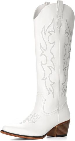 IUV Knee High Cowboy Boots for Women-Wide Calf Embroidered Cowgirl Boots, Pointed Toe Chunky Heel Slip On Retro Western Tall Plus Size Boots for Party & Concert in Saudi Arabia