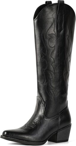 IUV Knee High Cowboy Boots for Women-Wide Calf Embroidered Cowgirl Boots, Pointed Toe Chunky Heel Slip On Retro Western Tall Plus Size Boots for Party & Concert in Saudi Arabia