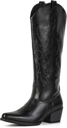 IUV Knee High Cowboy Boots for Women-Wide Calf Embroidered Cowgirl Boots, Pointed Toe Chunky Heel Slip On Retro Western Tall Plus Size Boots for Party & Concert in Saudi Arabia
