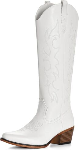 IUV Knee High Cowboy Boots for Women-Wide Calf Embroidered Cowgirl Boots, Pointed Toe Chunky Heel Slip On Retro Western Tall Plus Size Boots for Party & Concert in Saudi Arabia
