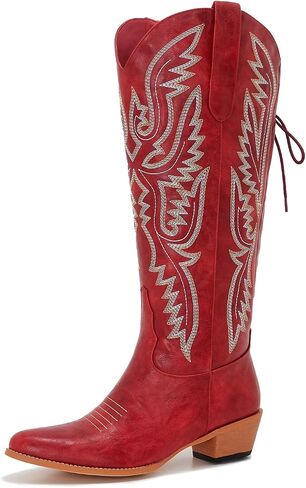 Uillnoodu Wide Calf Cowboy Boots Women Adjustable Lace Up Knee High Tall Plus Size Cowgirl Boots Western Style Comfortable 2-Inch Heel in Kuwait