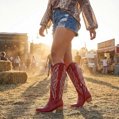 Uillnoodu Wide Calf Cowboy Boots Women Adjustable Lace Up Knee High Tall Plus Size Cowgirl Boots Western Style Comfortable 2-Inch Heel in Kuwait