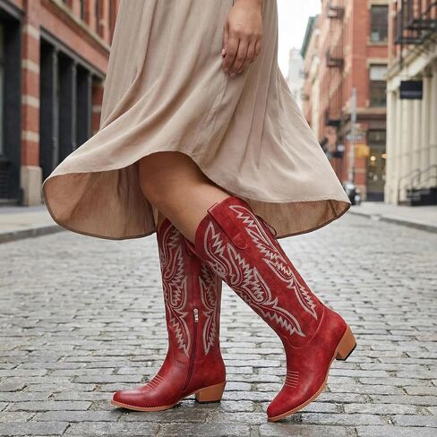 Uillnoodu Wide Calf Cowboy Boots Women Adjustable Lace Up Knee High Tall Plus Size Cowgirl Boots Western Style Comfortable 2-Inch Heel in Kuwait