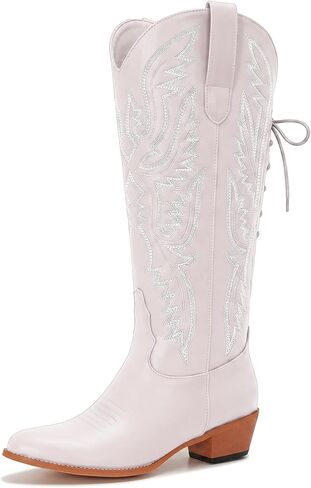Uillnoodu Wide Calf Cowboy Boots Women Adjustable Lace Up Knee High Tall Plus Size Cowgirl Boots Western Style Comfortable 2-Inch Heel in Kuwait