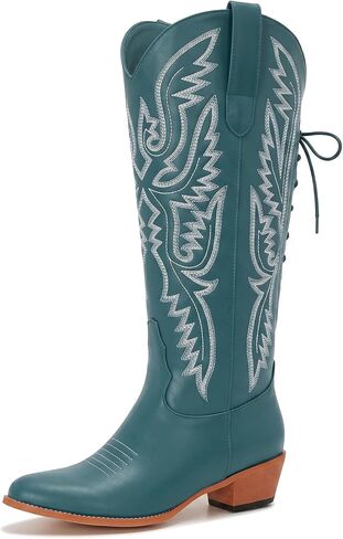 Uillnoodu Wide Calf Cowboy Boots Women Adjustable Lace Up Knee High Tall Plus Size Cowgirl Boots Western Style Comfortable 2-Inch Heel in Kuwait
