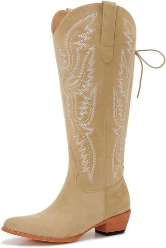Uillnoodu Wide Calf Cowboy Boots Women Adjustable Lace Up Knee High Tall Plus Size Cowgirl Boots Western Style Comfortable 2-Inch Heel in Kuwait