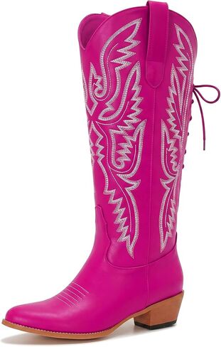 Uillnoodu Wide Calf Cowboy Boots Women Adjustable Lace Up Knee High Tall Plus Size Cowgirl Boots Western Style Comfortable 2-Inch Heel in Kuwait