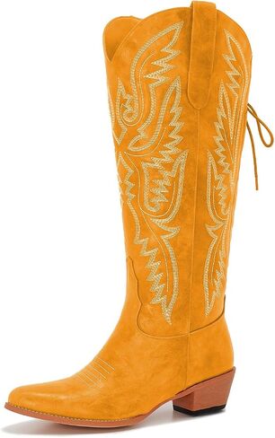 Uillnoodu Wide Calf Cowboy Boots Women Adjustable Lace Up Knee High Tall Plus Size Cowgirl Boots Western Style Comfortable 2-Inch Heel in Kuwait