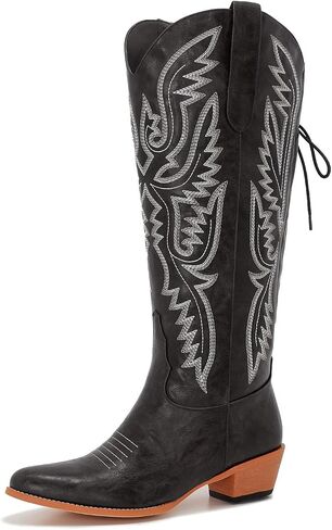 Uillnoodu Wide Calf Cowboy Boots Women Adjustable Lace Up Knee High Tall Plus Size Cowgirl Boots Western Style Comfortable 2-Inch Heel in Kuwait